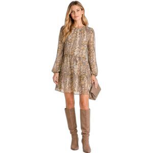 Jenni Kayne Silk Snake Print Dress Size M Long Sleeve Brown Midi